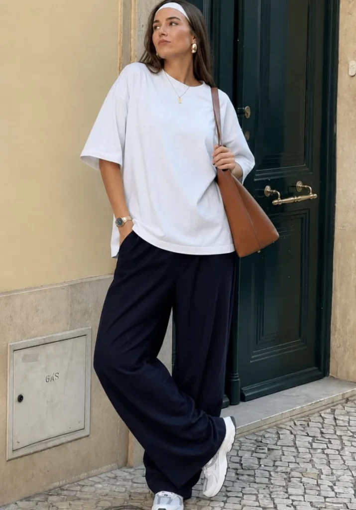White Tee & Navy Trousers