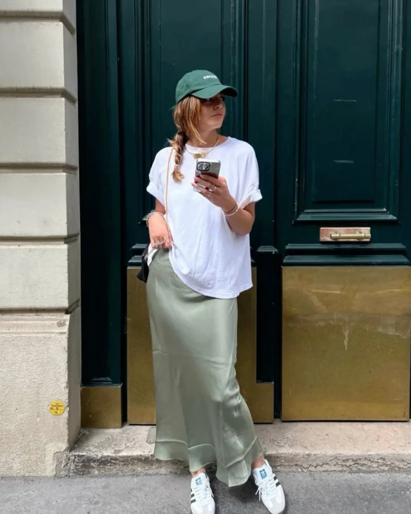  White Tee & Sage Skirt