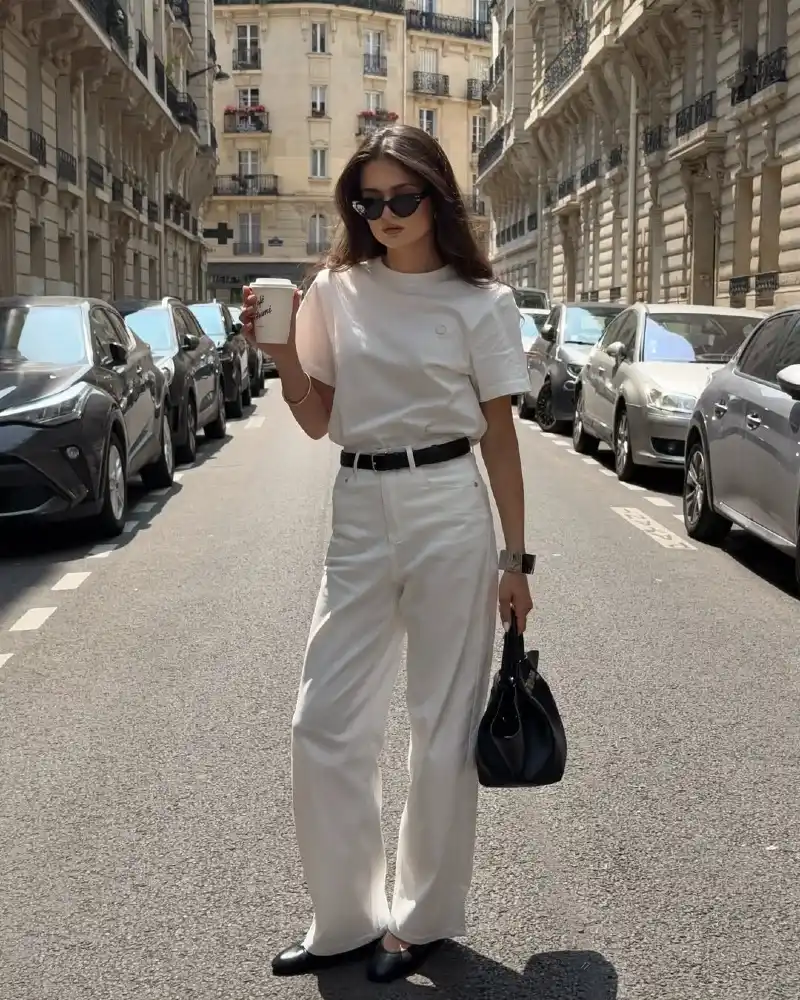 White Tee and White Trousers with a Black Belt
