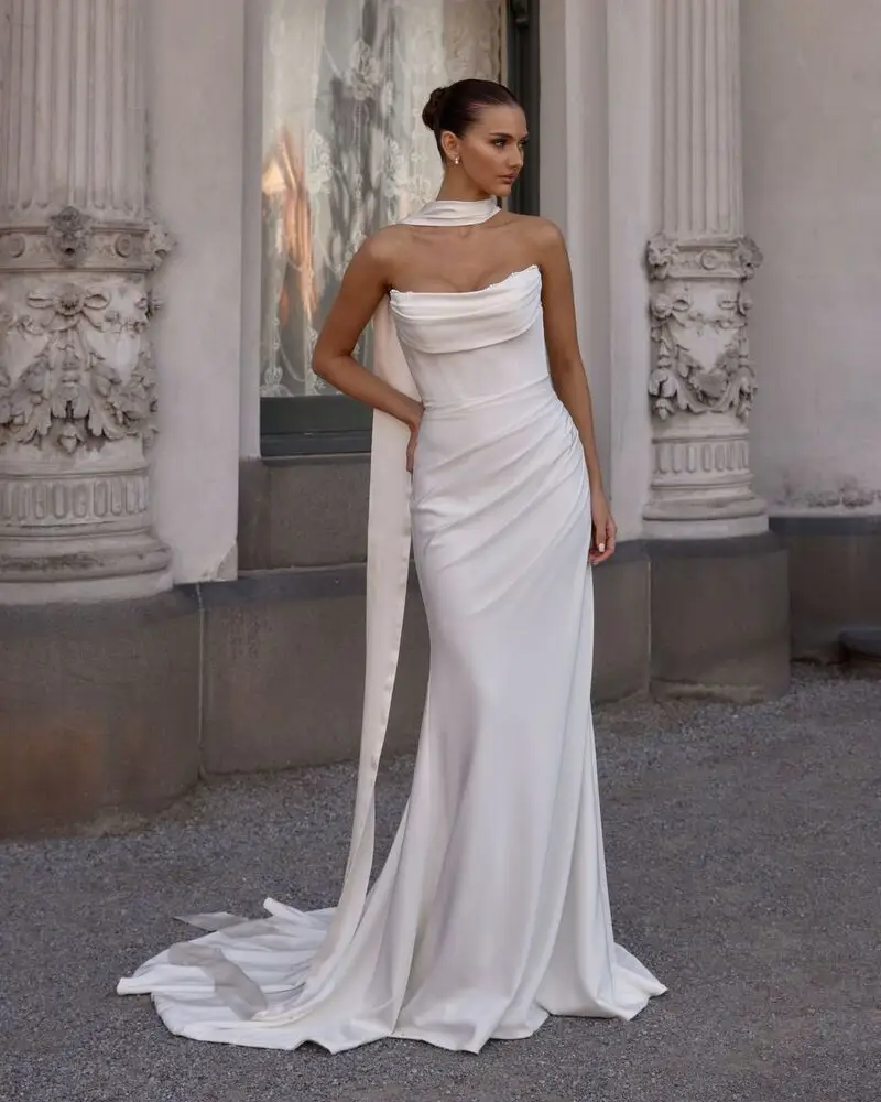 Asymmetrical Draped Satin Gown With a Bridal Scarf