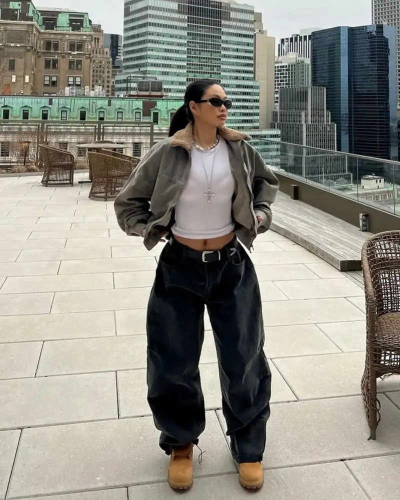 Aviator Jacket With Black Barrel Pants
