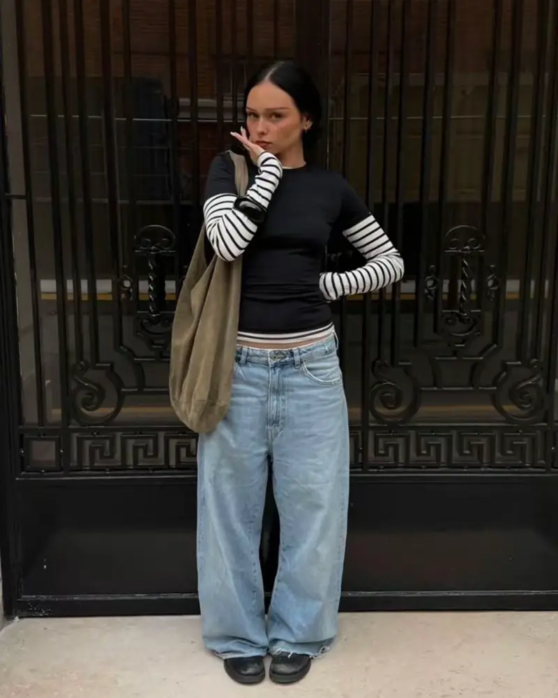 Baby Tee Over a Striped Long-Sleeve Top