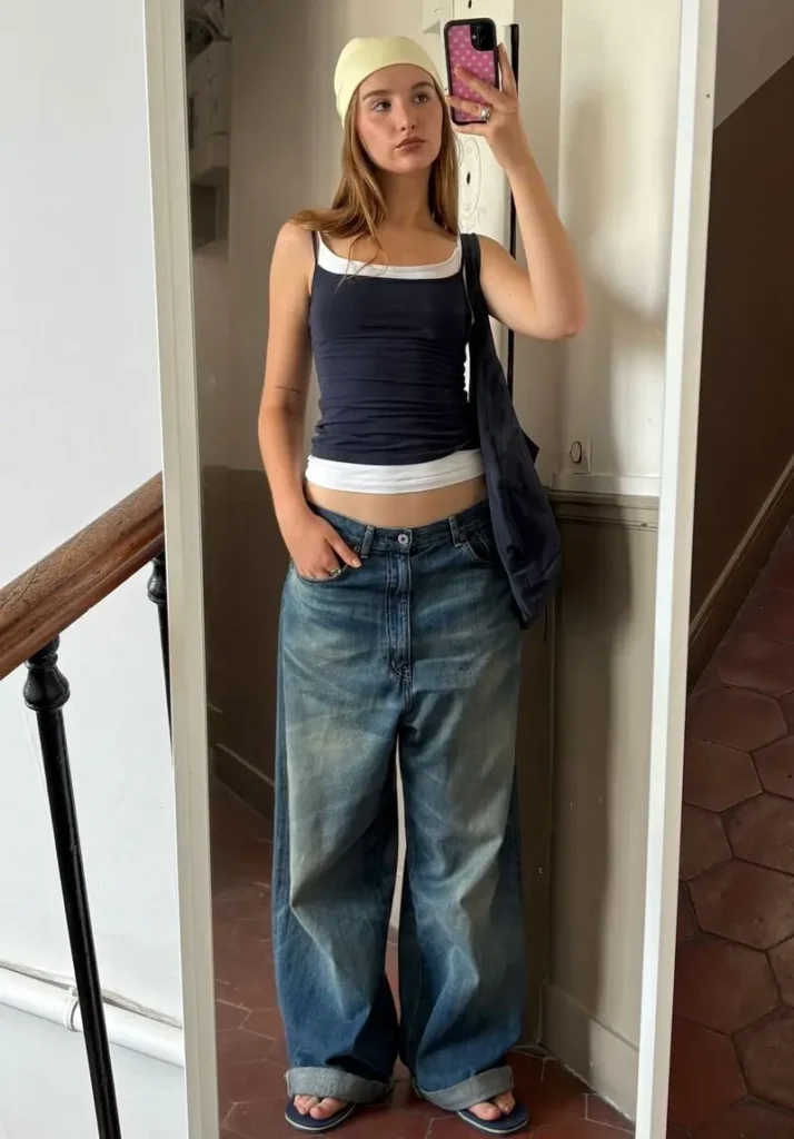 Baggy Jeans With Layered Tank Tops and a Cream Beanie