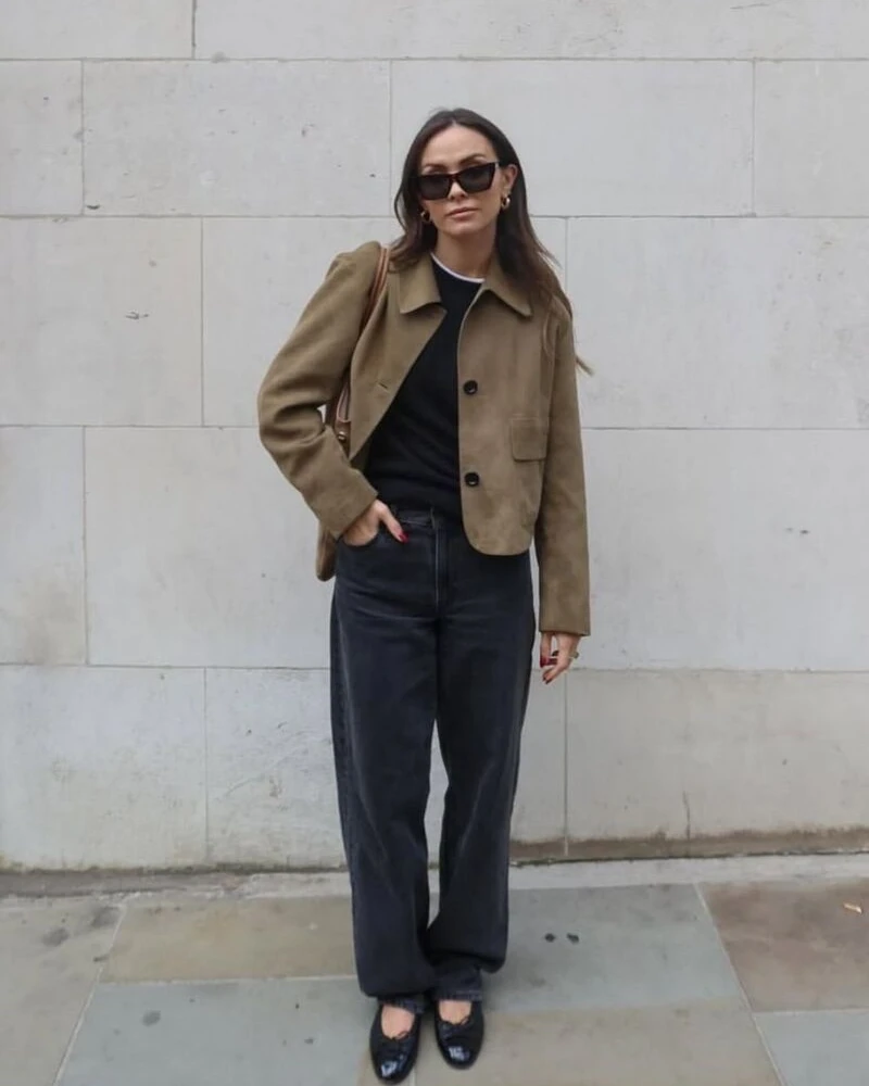 Barn Jacket With a Fine-Knit Top and Dark Jeans
