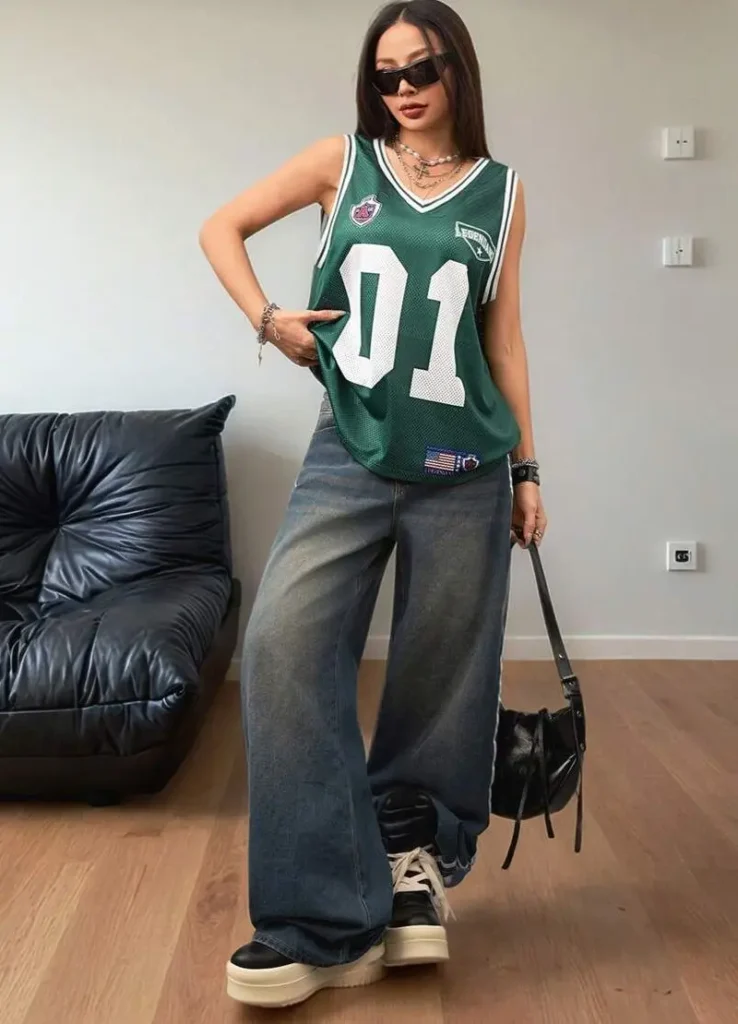 Basketball Jersey With Dark Wide Leg Jeans