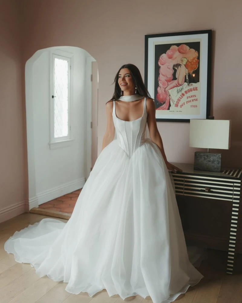 Basque-Waist Tulle Ball Gown With a Bridal Scarf