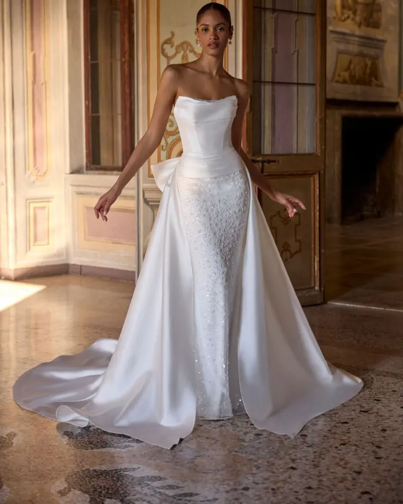 Beaded Column Gown With a Detachable Satin Overskirt
