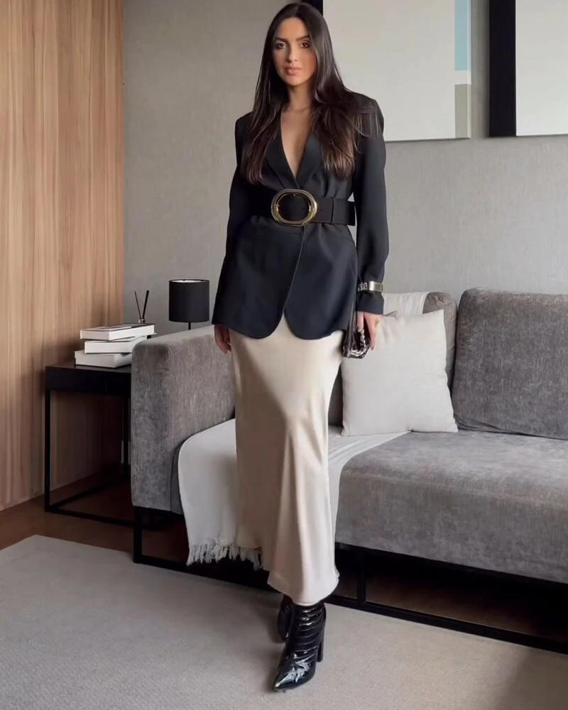 Belted Blazer With a Cream Midi Skirt