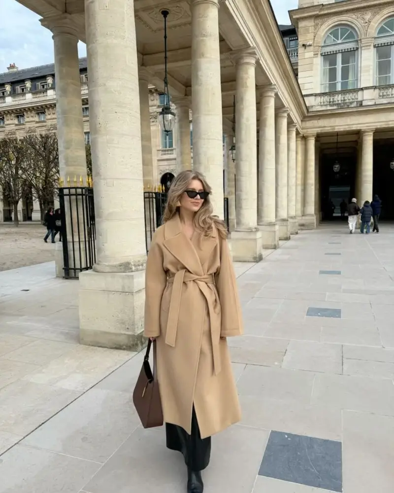 Belted Camel Coat With Dark Trousers