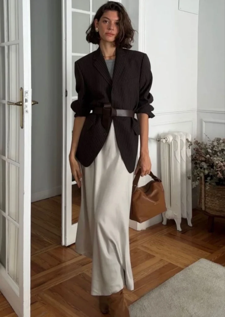 Belted Pinstripe Blazer With a Satin Maxi Skirt