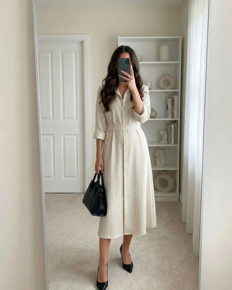  Belted Shirt Dress With Pumps