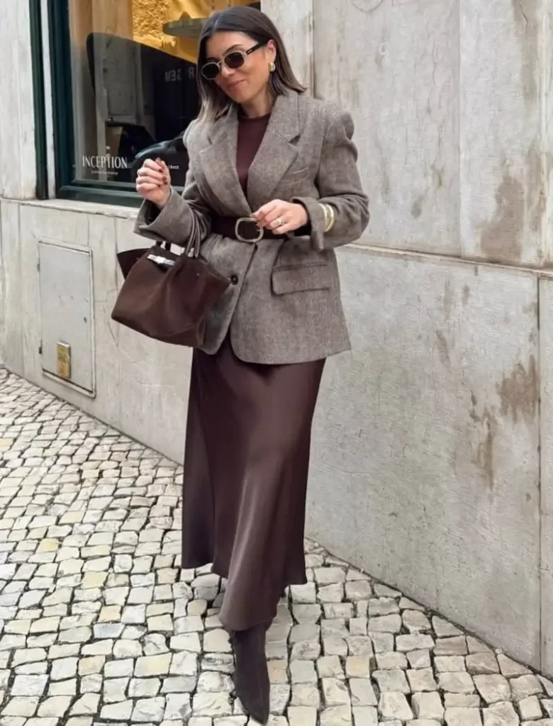 Belted Tweed Blazer With a Satin Midi Skirt
