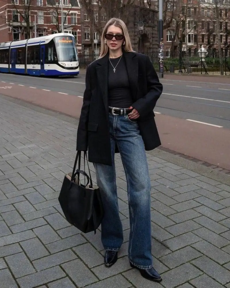 Black Blazer With Relaxed Blue Jeans