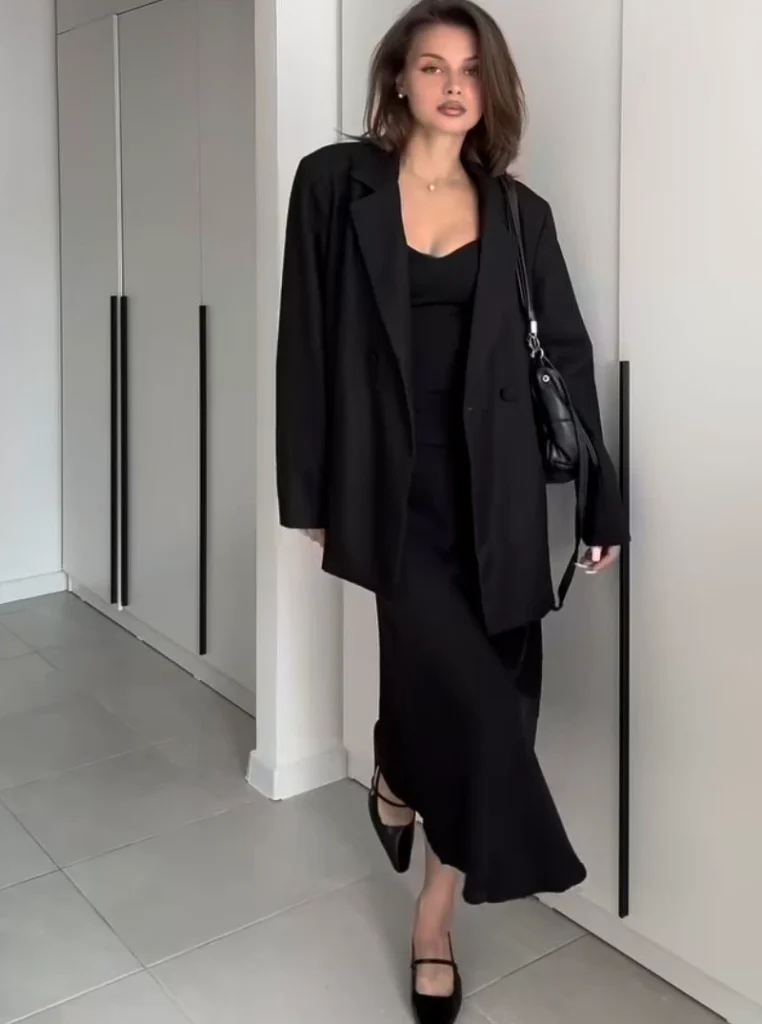 Black Blazer With a Flowing Midi Skirt