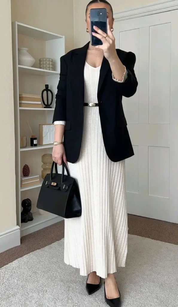 Black Blazer With a Pleated Column Dress