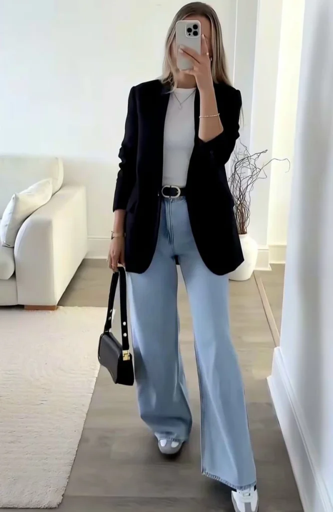 Black Blazer With a White Tee and Light-Wash Jeans