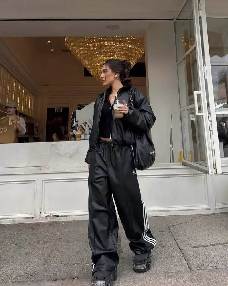 Black Bomber Jacket With Wide-Leg Track Pants