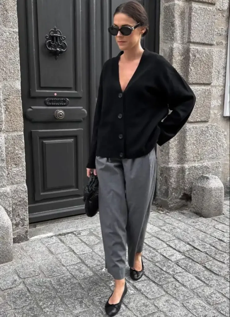  Black Cardigan With Cropped Gray Trousers