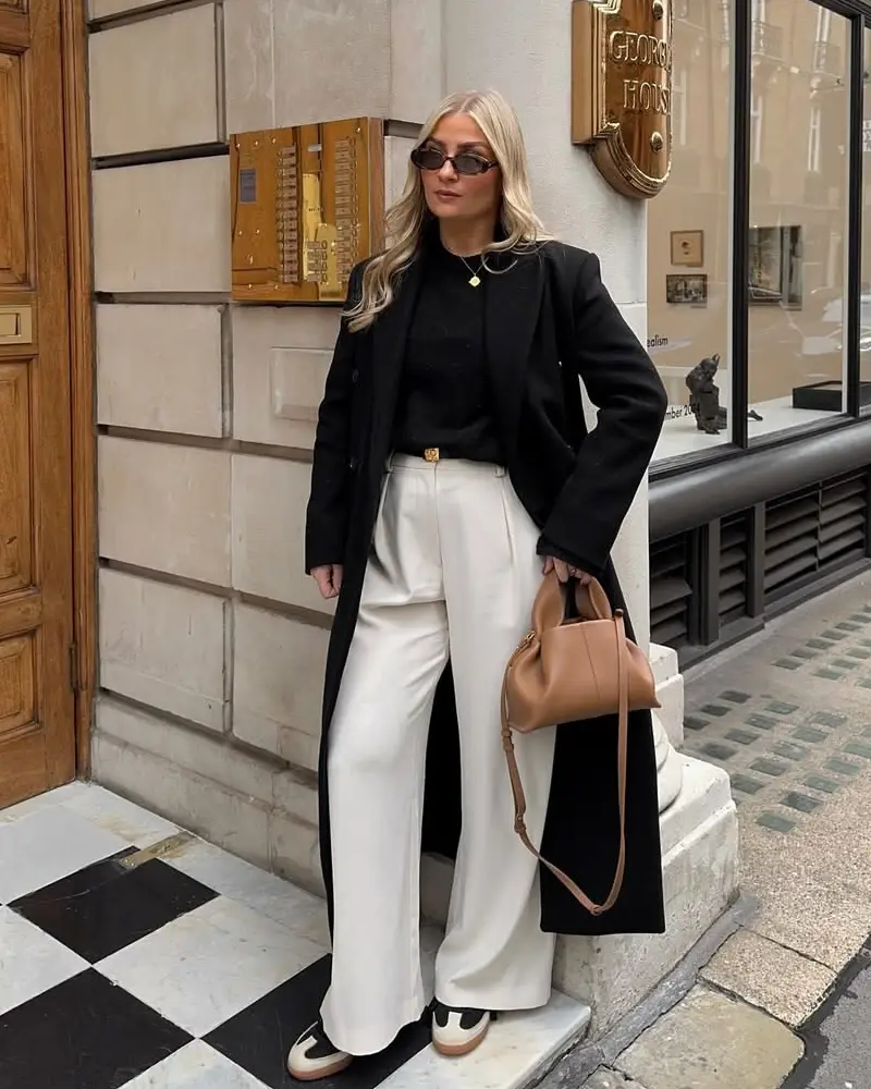 Black Coat With Cream Wide Leg Trousers