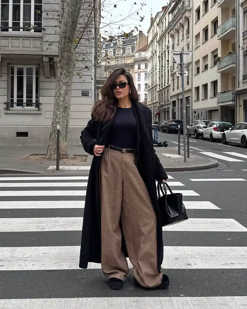 Black Coat With Taupe Wide-Leg Trousers