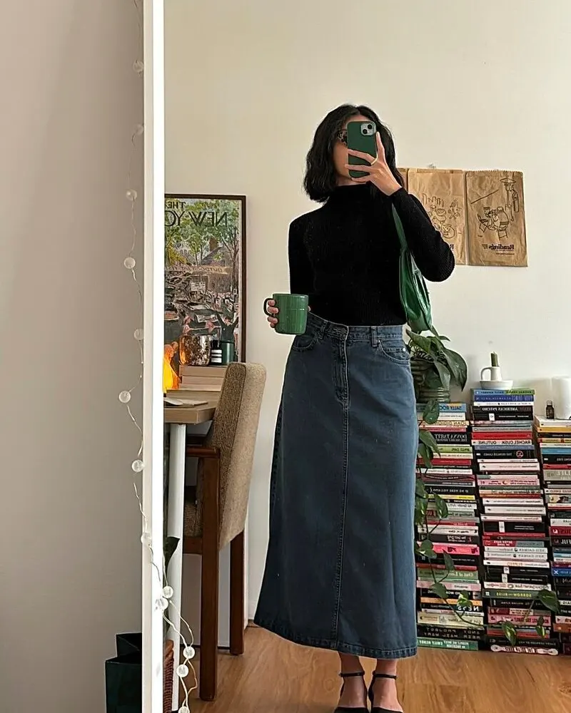 Black Knit and Denim Midi Skirt