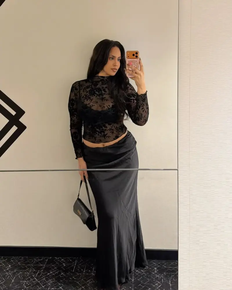  Black Lace Blouse With a Satin Maxi Skirt