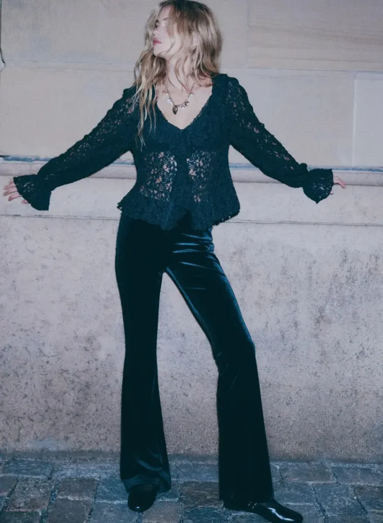 Black Lace Top With Velvet Flared Trousers