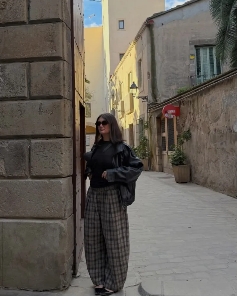 Black Leather Jacket With Checked Trousers