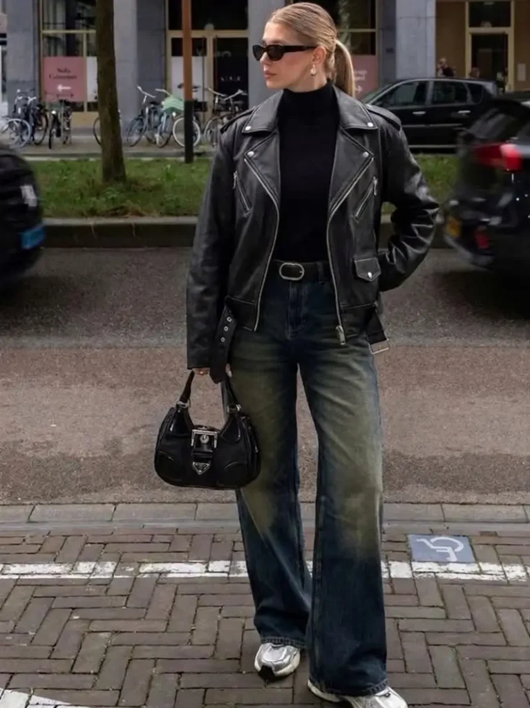 Black Leather Jacket With a Turtleneck and Blue Jeans