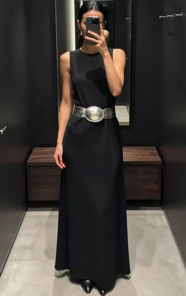 Black Maxi Dress With an Antique-Style Belt