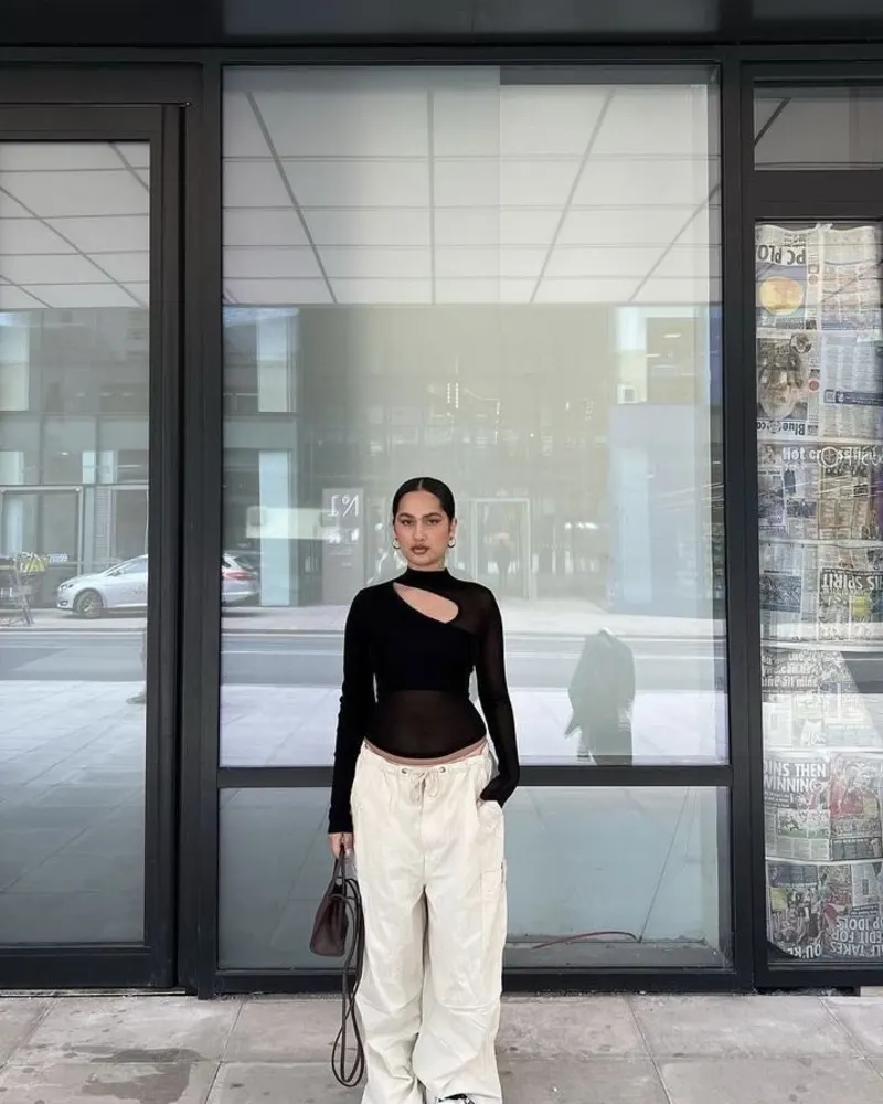 Black Mesh Top With White Parachute Pants