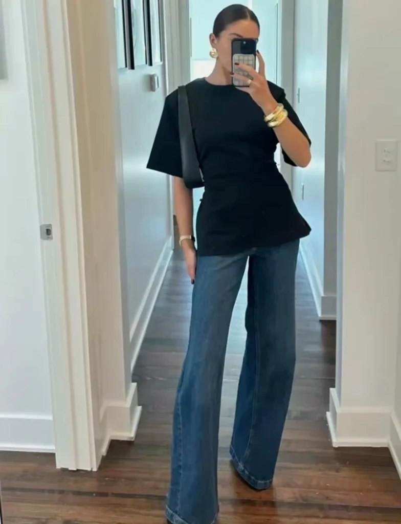 Black Peplum Top With Wide-Leg Jeans