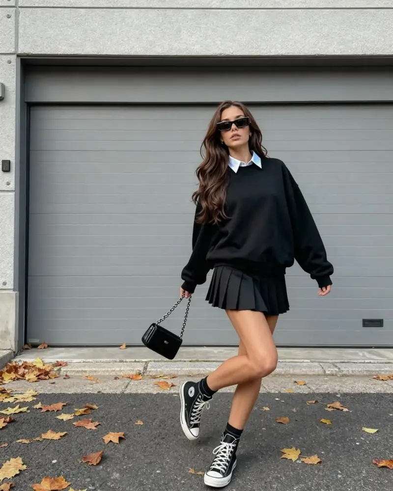 Black Sweatshirt With a Pleated Skirt