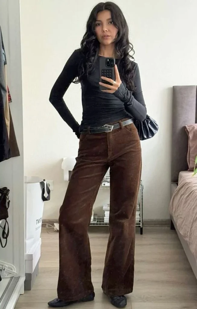 Black Top With Brown Corduroy Trousers