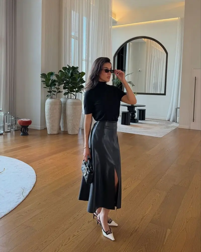 Black Top and Leather Skirt