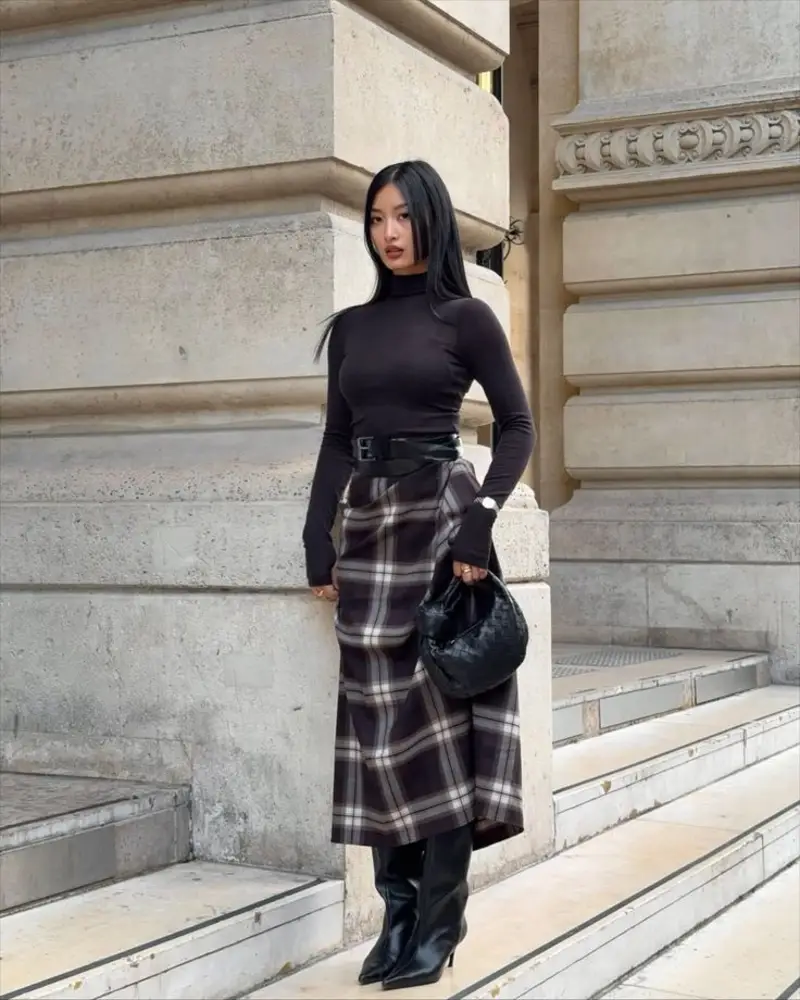 Black Turtleneck With a Plaid Midi Skirt
