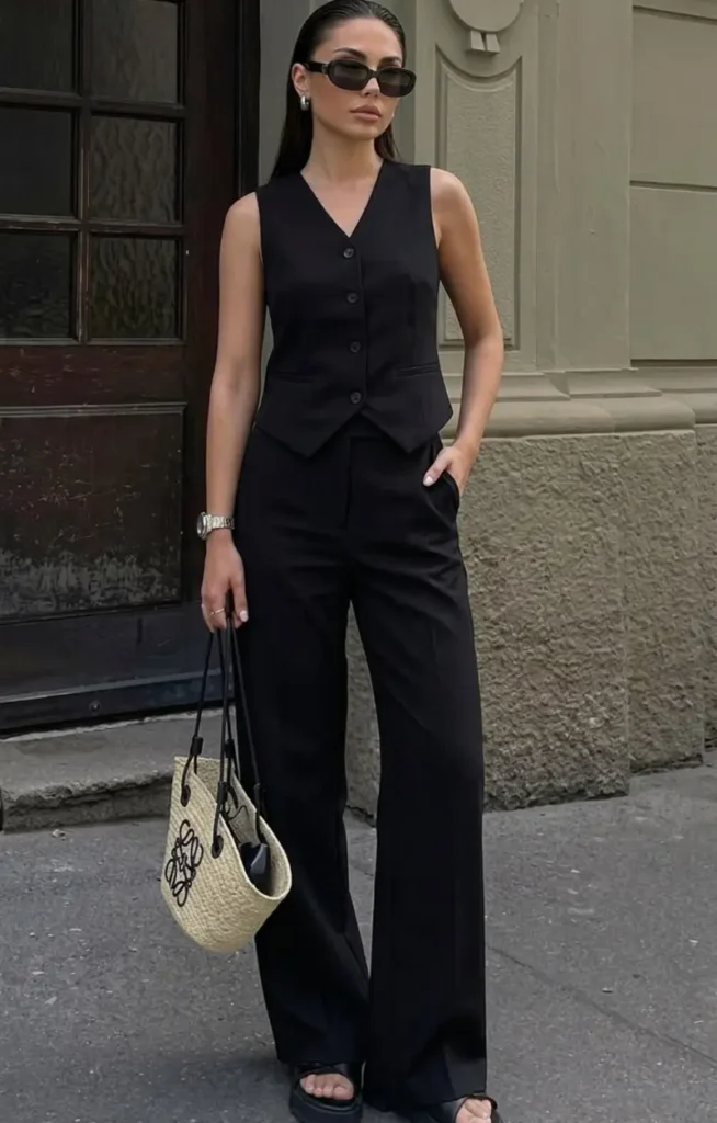 Black Waistcoat With Wide Leg Trousers