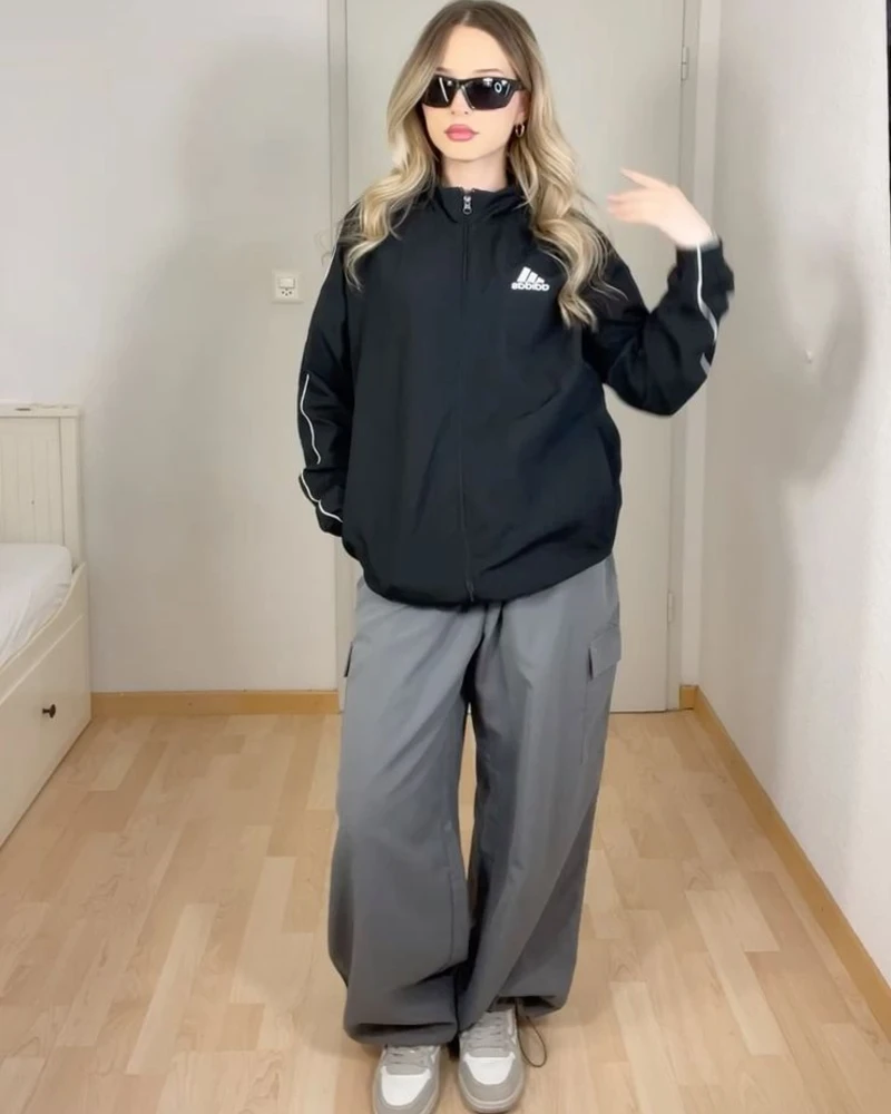 Black Windbreaker With Parachute Pants