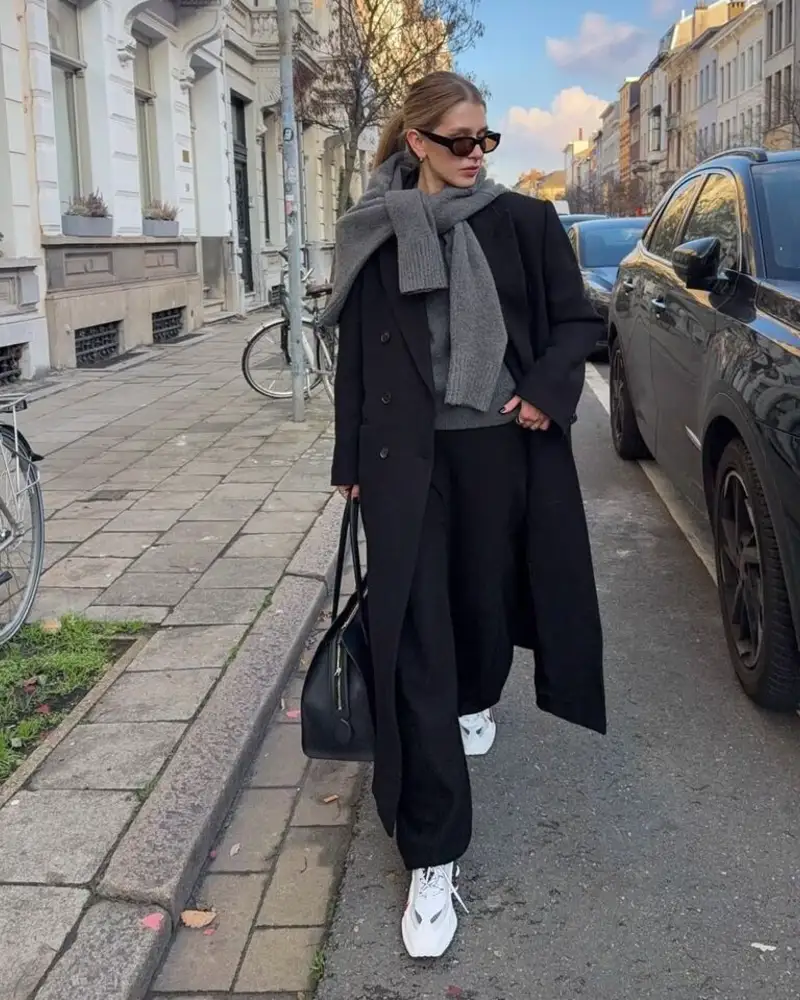 Black Wool Coat With a Gray Scarf