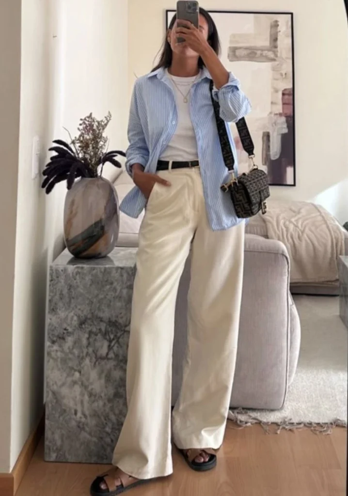 Blue Shirt, White Tee, and Cream Trousers