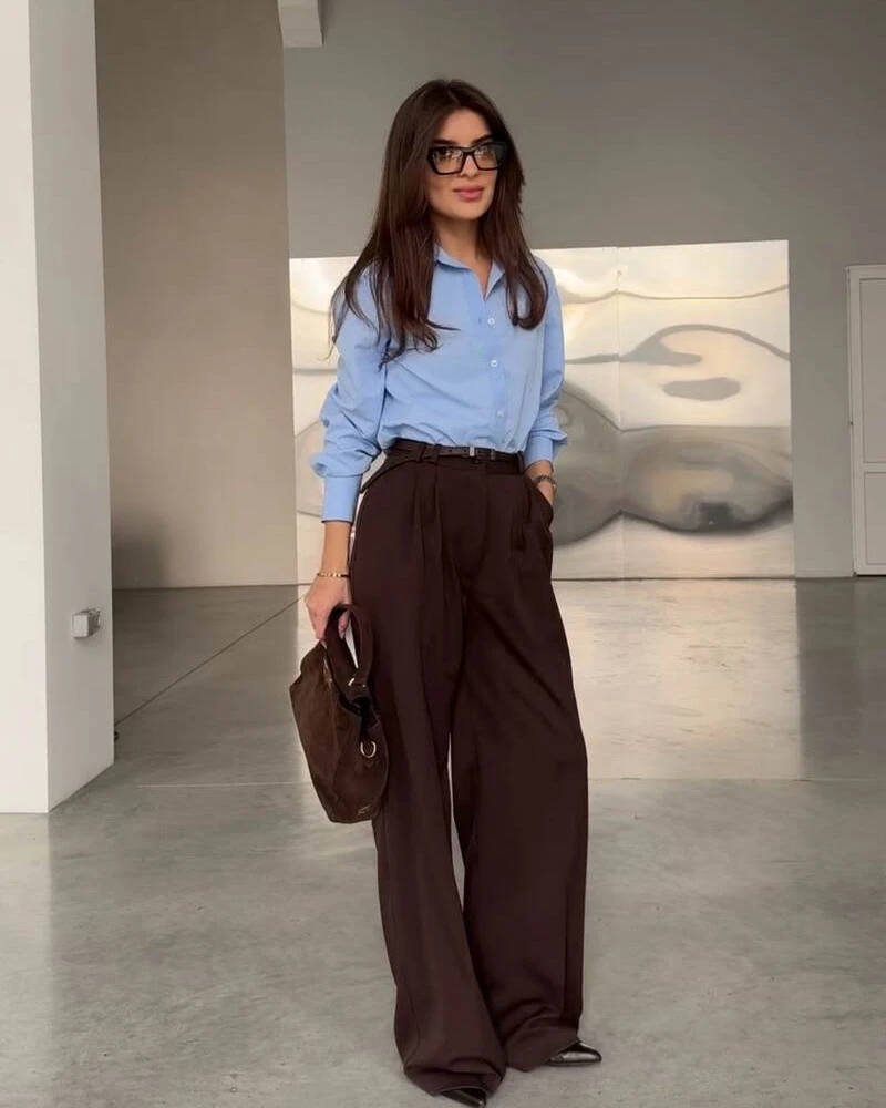 Blue Shirt and Chocolate-Brown Trousers