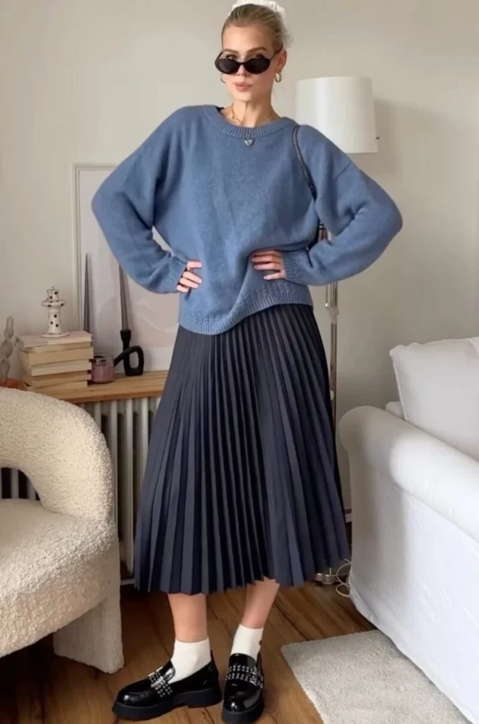 Blue Sweater and Navy Pleated Skirt