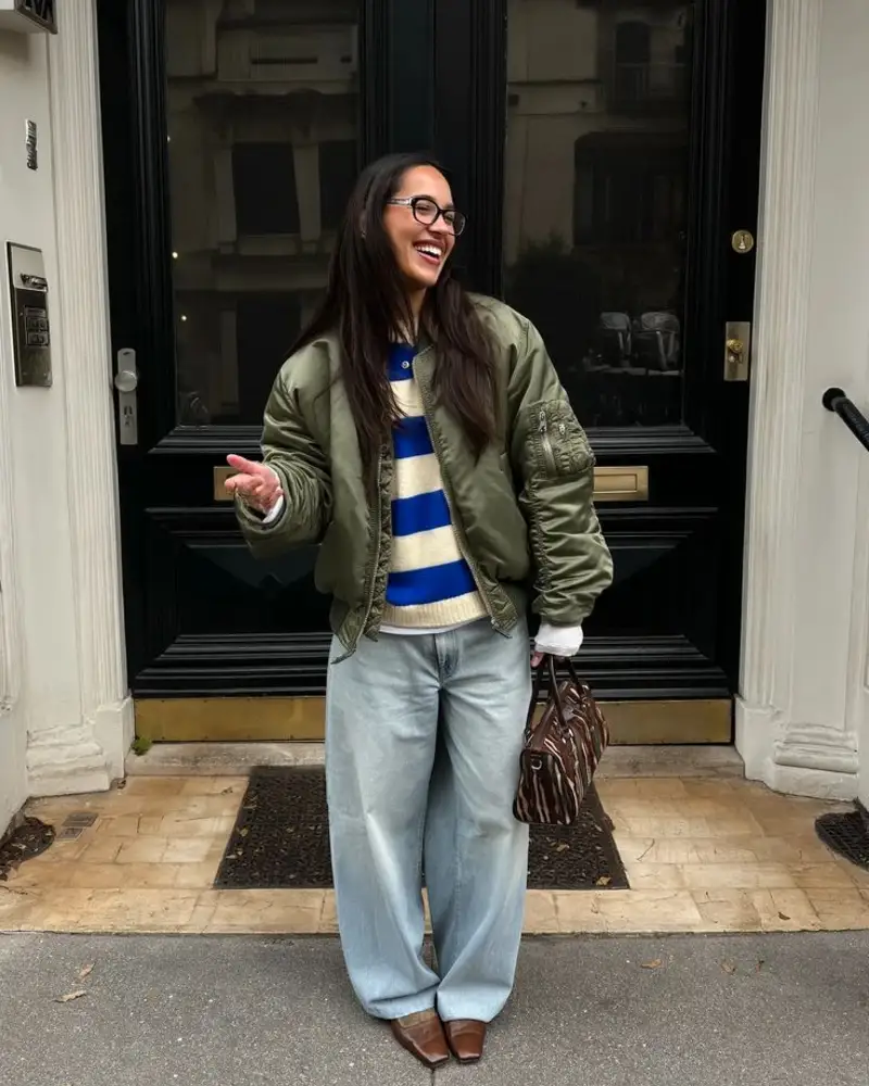 Bomber Jacket With a Striped Rugby Top