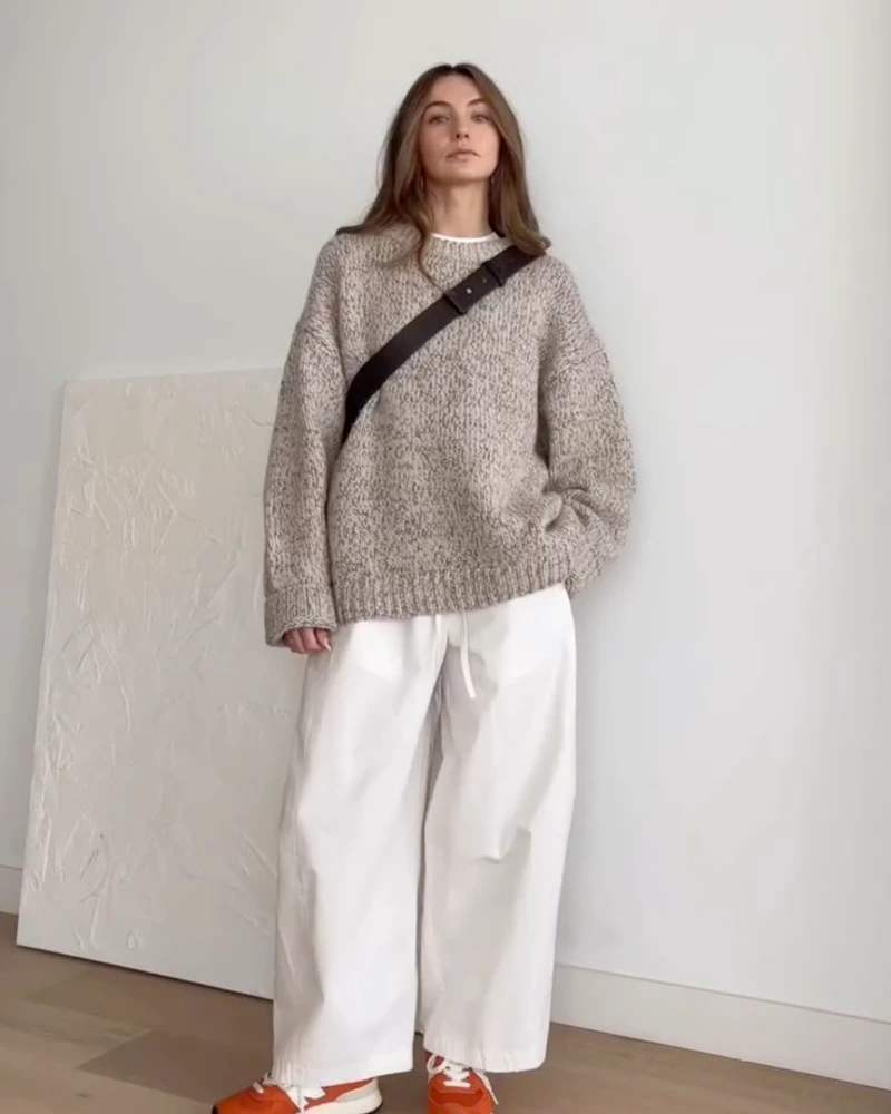Boxy Knit, White Cargo Trousers, and Orange Sneakers