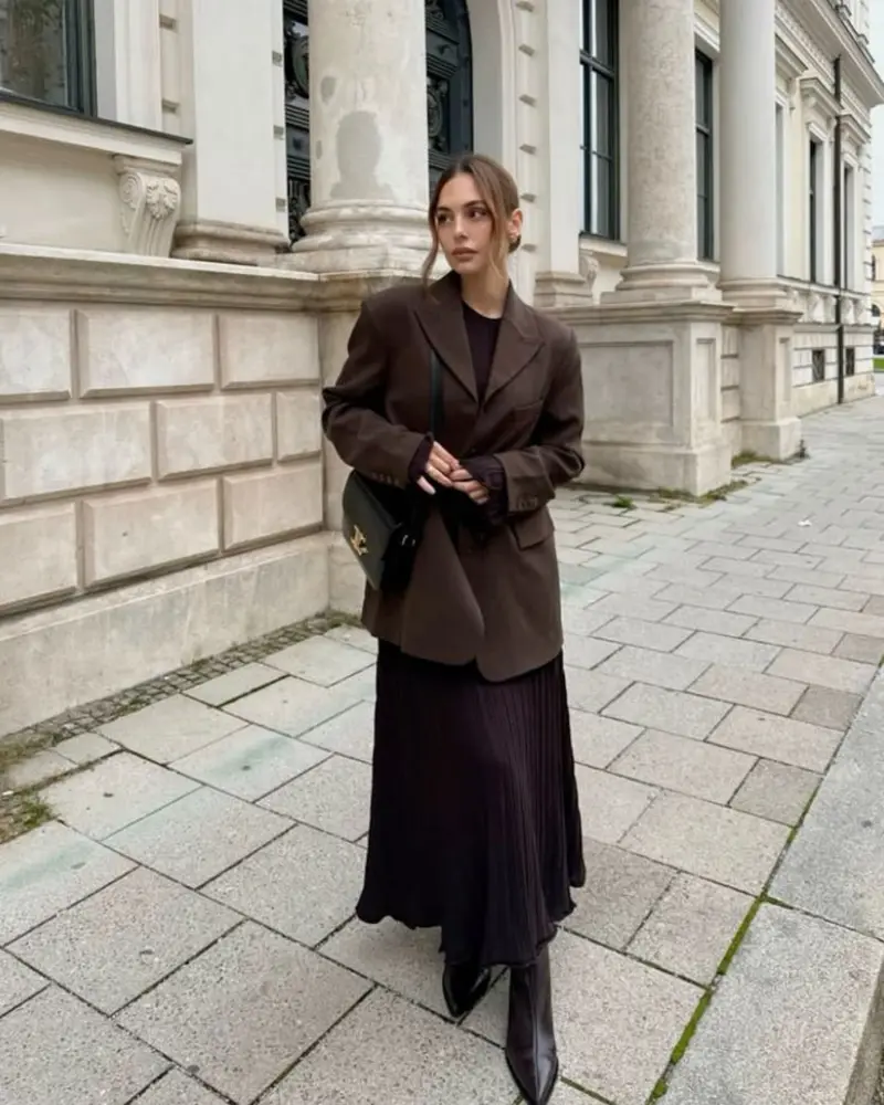 Brown Blazer With a Pleated Maxi Skirt