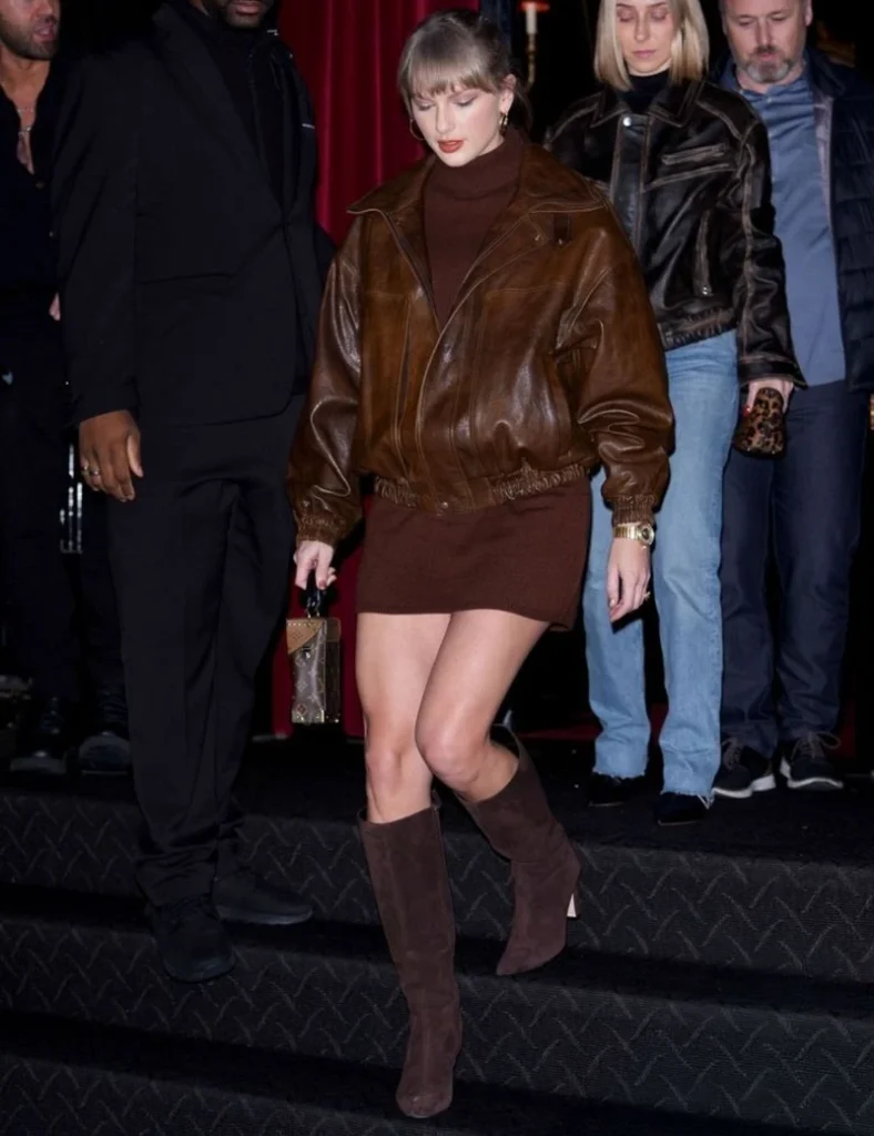 Brown Leather Bomber With a Knit Mini Dress