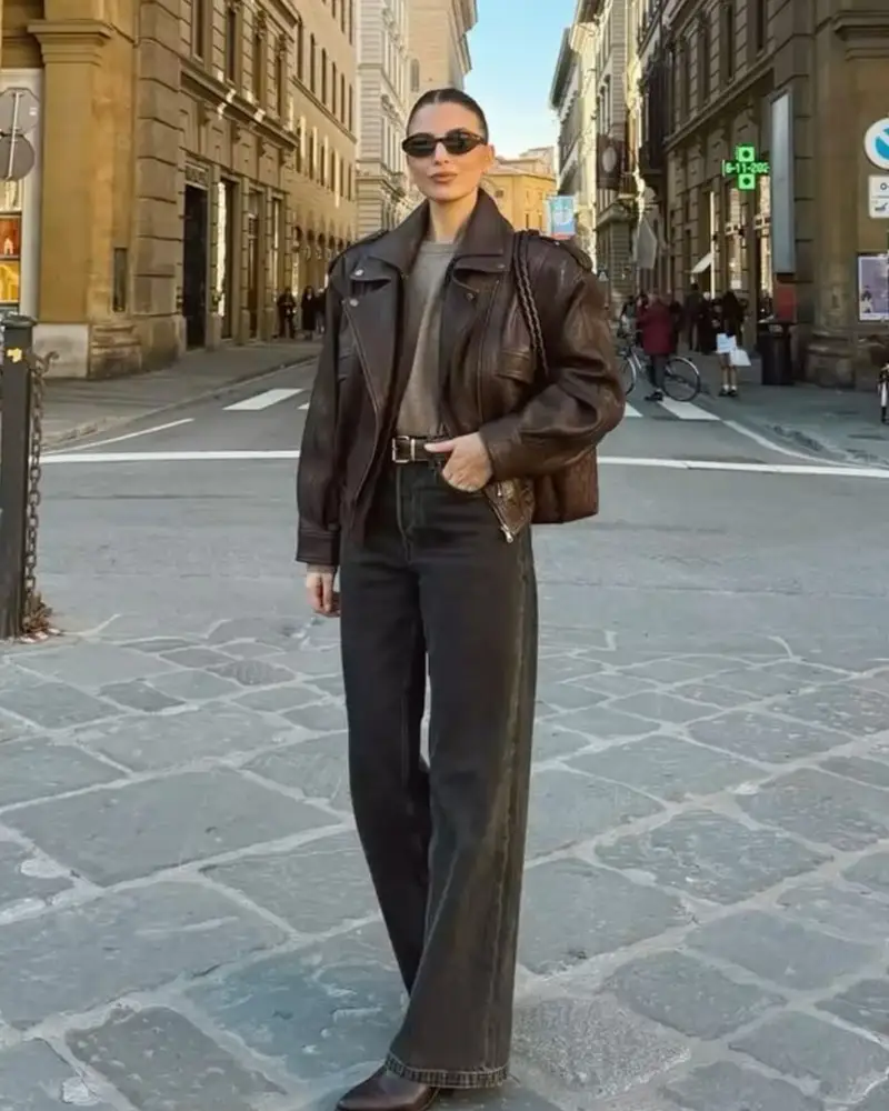 Brown Leather Jacket With Wide-Leg Black Jeans