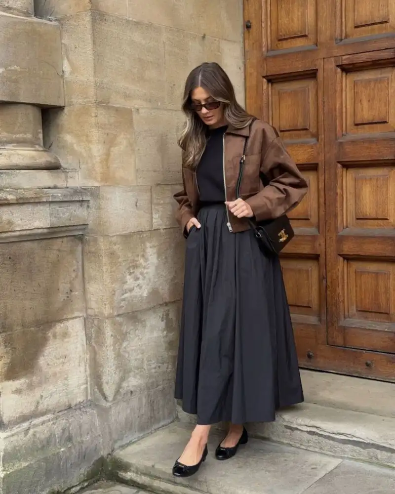 Brown Leather Jacket With a Full Midi Skirt