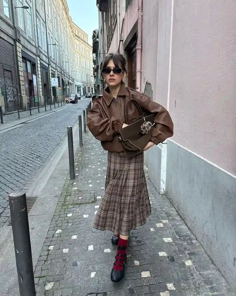 Brown Leather Jacket With a Plaid Midi Skirt