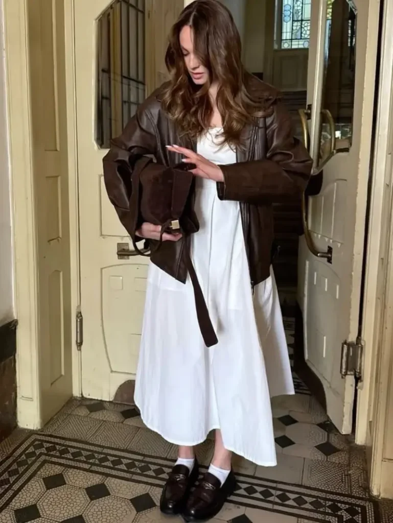 Brown Leather Jacket With a White Midi Dress